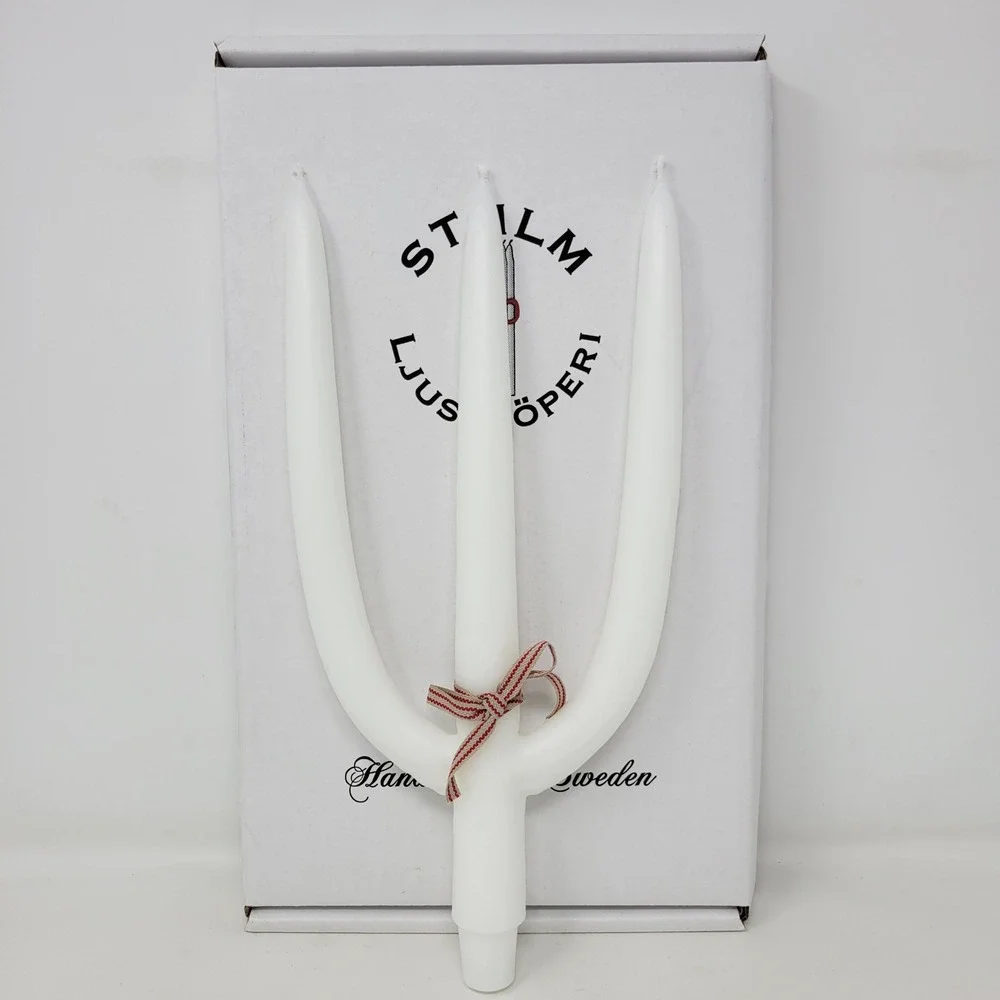 STHLM Ljusstöperi Handmade‎ Swedish Trident 3-Branch Taper Candle White 12in